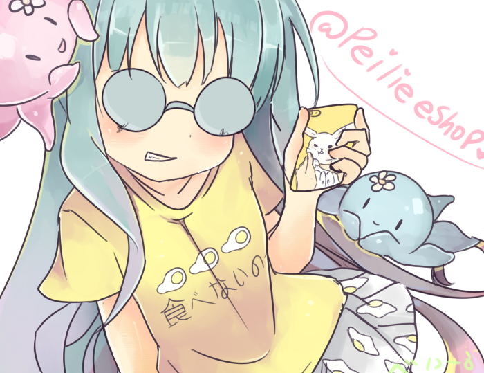 1girl, eggs, glasses, jellyfish, phone, smile, smug
