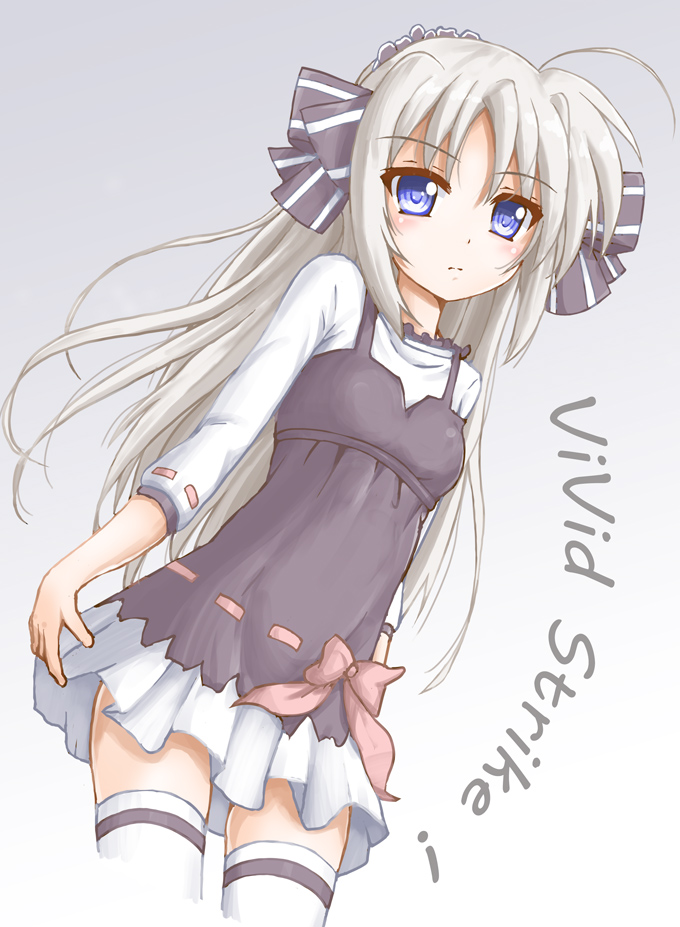 1girl, ahoge, blue_eyes, blush, bow, breasts, copyright_name, dress