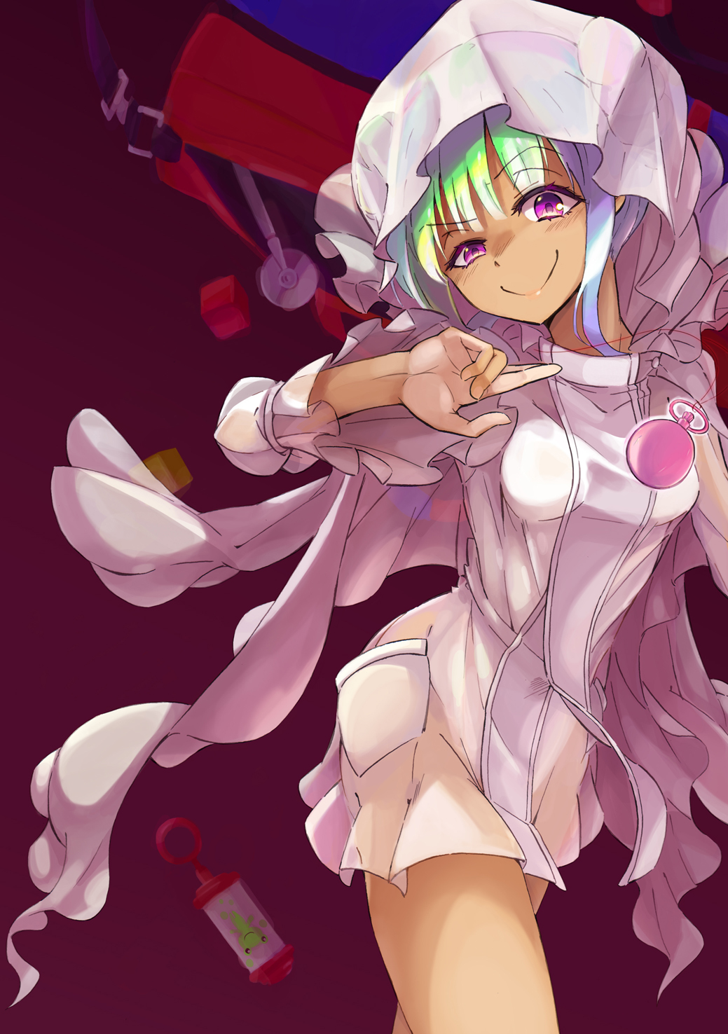 1girl, bag, dress, evil_smile, eyebrows, eyebrows_visible_through_hair, frills, gekota, green_hair, highres, hood, hoodie, kyukyutto_(denryoku_hatsuden), looking_at_viewer, multicolored_hair, pizza_cutter, pocket_watch, salome_(to_aru_majutsu_no_index), semi-transparent, smile, solo, tan, to_aru_majutsu_no_index, to_aru_majutsu_no_index:_new_testament, violet_eyes, watch