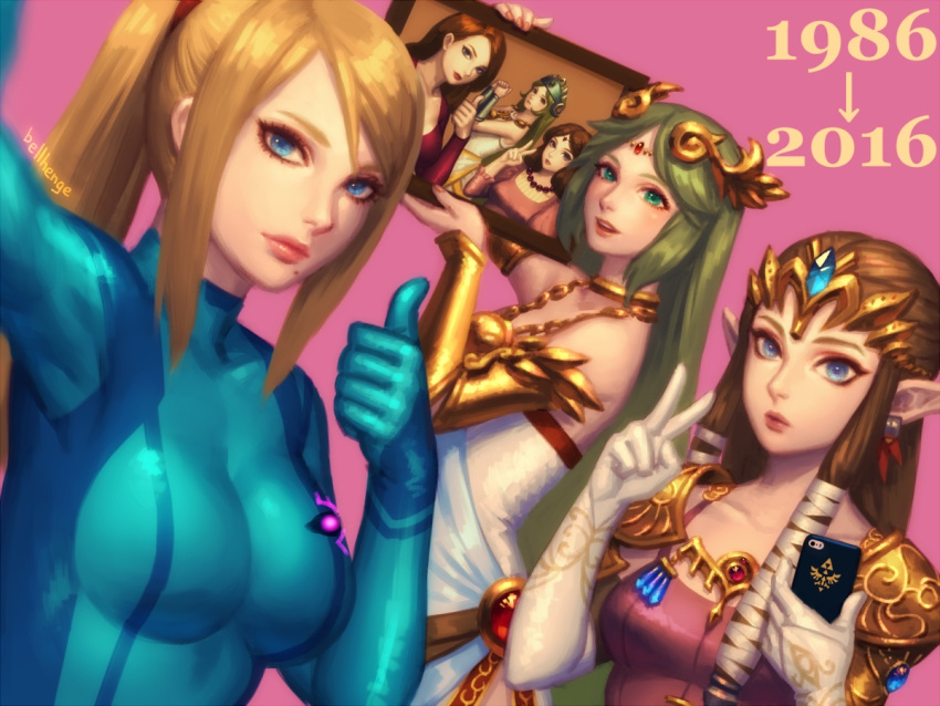 3girls, alternate_costume, bellhenge, blonde_hair, bodysuit, brown_hair, company_connection, dual_persona