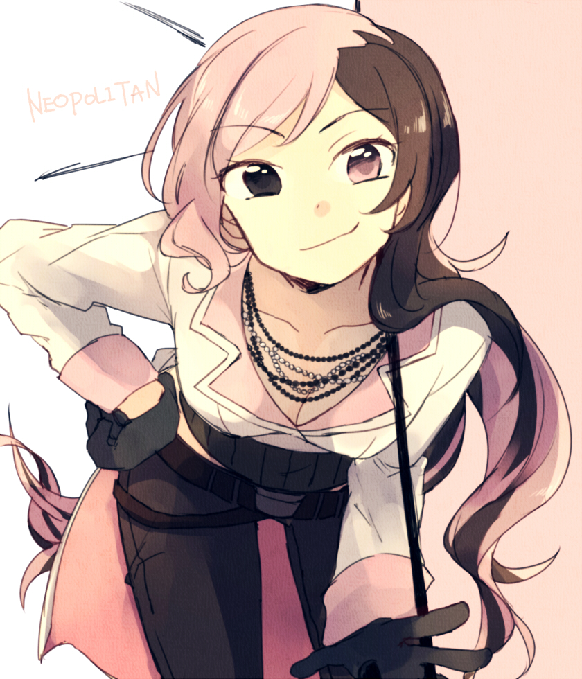 1girl, assf_krsya, belt, black_gloves, breasts, brown_eyes, brown_hair, character_name
