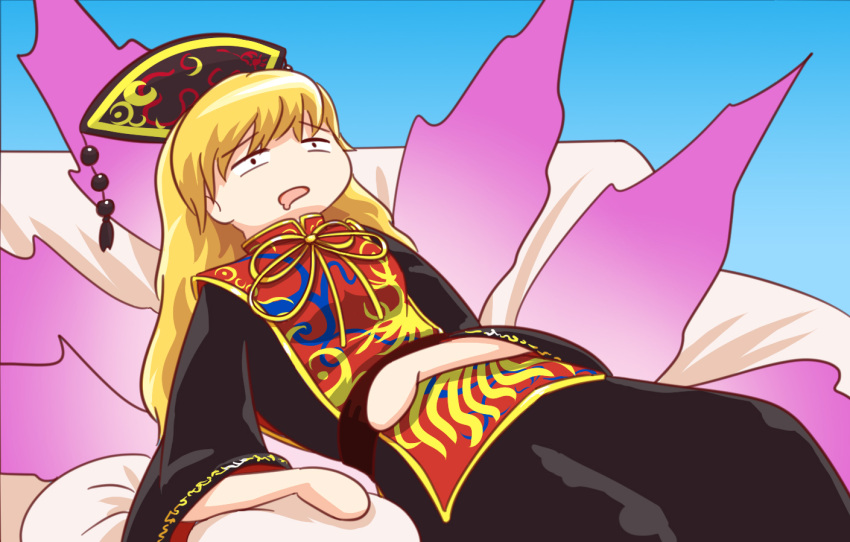 1girl, black_dress, blonde_hair, chinese_clothes, dress, drooling, fox_tail, junko_(touhou)