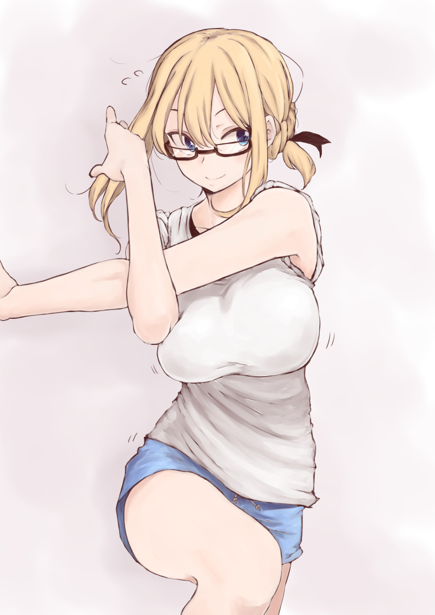 1girl, absurdres, blonde_hair, blue_eyes, blush, braid, breasts, exercise