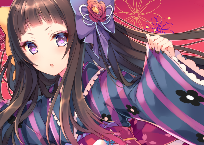 1girl, :o, bangs, blunt_bangs, bow, brown_hair, camellia_(flower), floral_print
