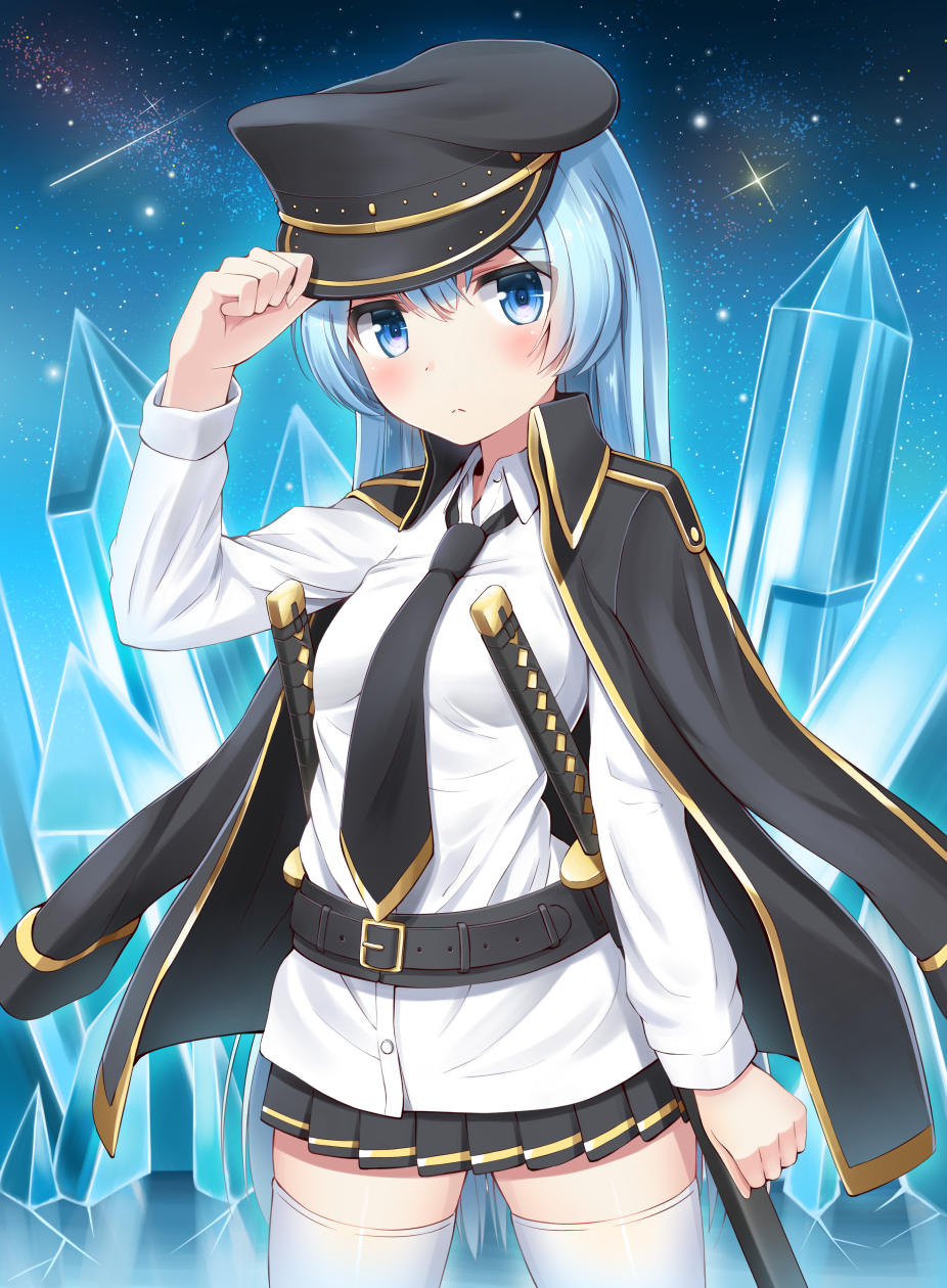 1girl, belt, black_legwear, blue_eyes, blue_hair, blush, breasts, buttons