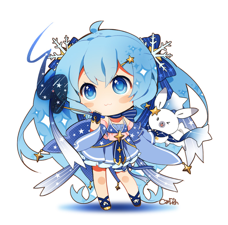 1girl, absurdly_long_hair, blue_eyes, blue_hair, chibi, detached_sleeves, fingerless_gloves, gloves