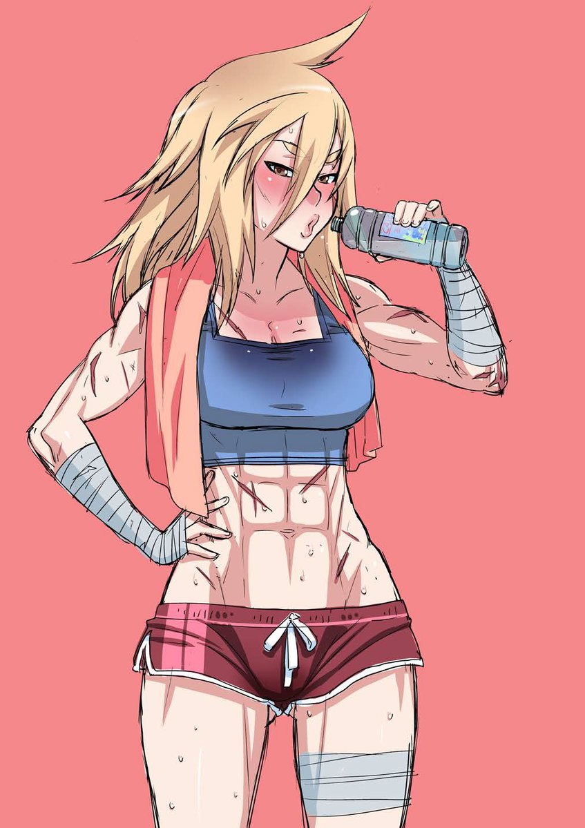 1girl, alternate_costume, bandages, blonde_hair, bottle, looking_at_viewer, osoro_shidesu, scar, short_hair, simple_background, solo, yandere_simulator