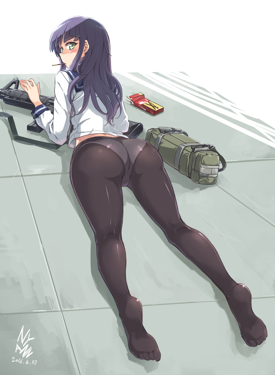 1girl, 2016, artist_name, ass, bag, bangs, black_hair, black_legwear