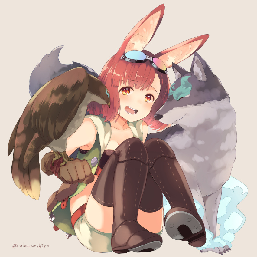 1girl, animal_ears, bird, boots, brown_eyes, brown_hair, calm_mashiro, gloves