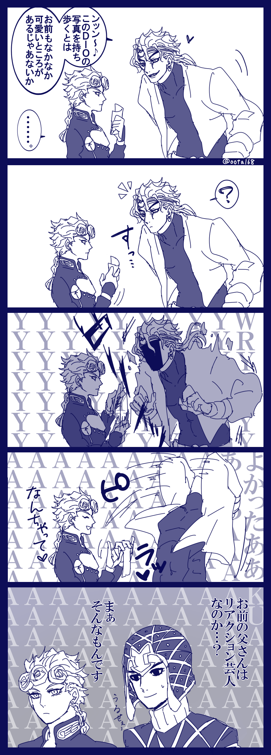 3boys, 5koma, ?, absurdres, braid, comic, dio_brando, earrings, father_and_son, giorno_giovanna, guido_mista, hair_tie, hat, headband, heart, highres, jewelry, jojo_no_kimyou_na_bouken, male_focus, monochrome, motion_lines, multiple_boys, musical_note, oota_iroha, open_mouth, quaver, ripping, single_braid, smile, spoken_question_mark, stud_earrings, sweatdrop, translation_request, triangle_mouth, twitter_username, wryyyyyyyyyyyyyyyyyyyy