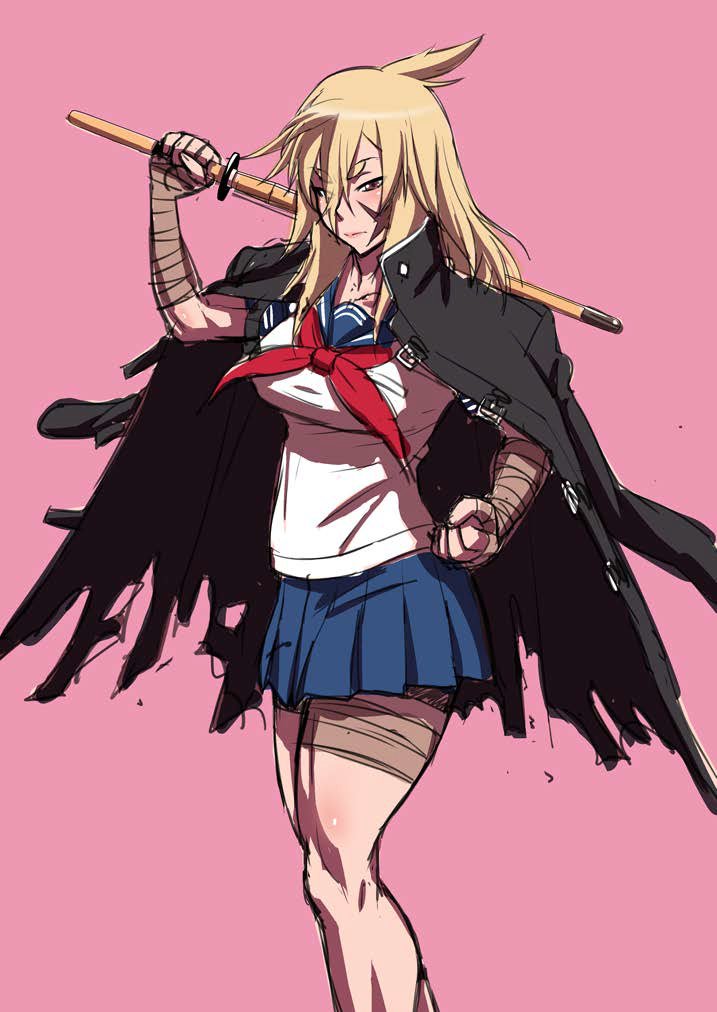1girl, blonde_hair, jacket_on_shoulders, looking_at_viewer, osoro_shidesu, scar, school_uniform, short_hair