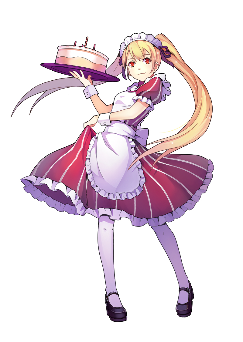 1girl, apron, black_ribbon, blonde_hair, cake, food, hair_ribbon, huazang