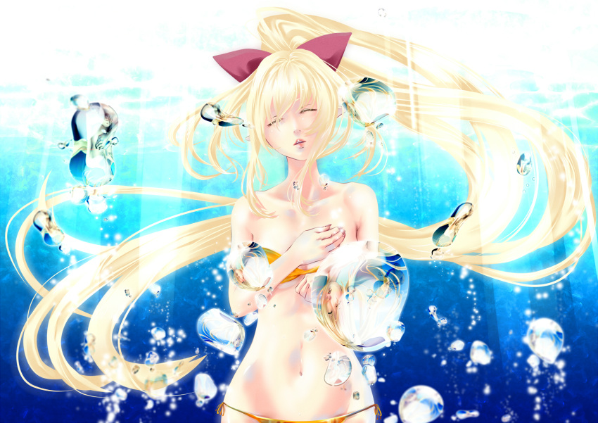 1girl, bare_shoulders, bikini, blonde_hair, bow, breasts, bubble, closed_eyes