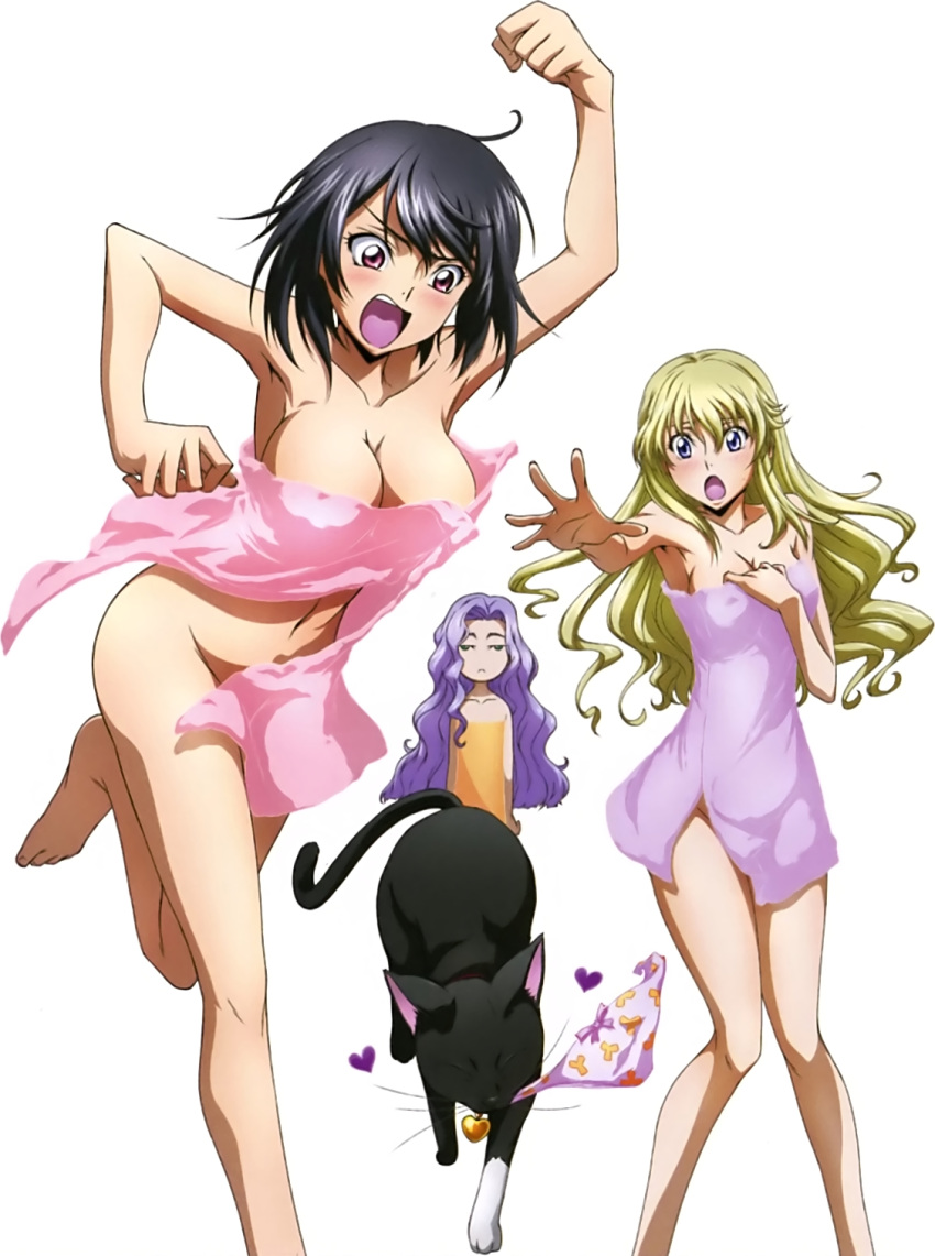 3girls, anna_clement, arm_up, armpits, black_hair, blonde_hair, blue_eyes, breasts