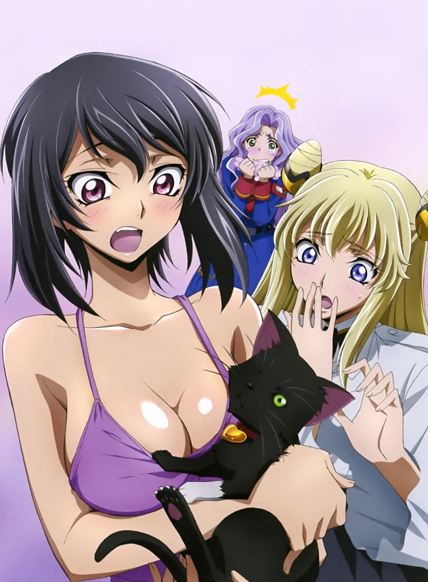 3girls, anna_clement, bare_shoulders, black_hair, blonde_hair, breasts, cat, cleavage