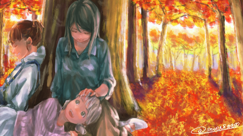 3girls, against_tree, aki_(girls_und_panzer), autumn_leaves, black_hair, brown_hair, casual, closed_eyes