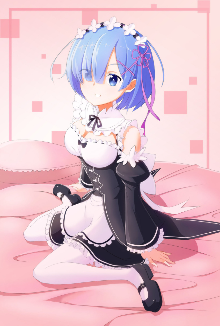 1girl, bed, blue_eyes, blue_hair, eyes_visible_through_hair, full_body, hair_ornament, hair_over_one_eye