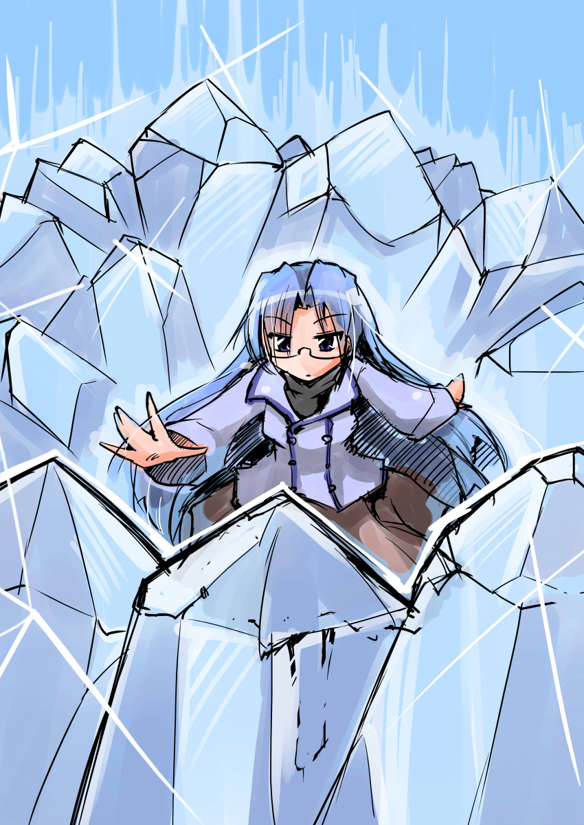 1girl, absurdres, bangs, blue_eyes, blue_hair, dress, glasses, highres