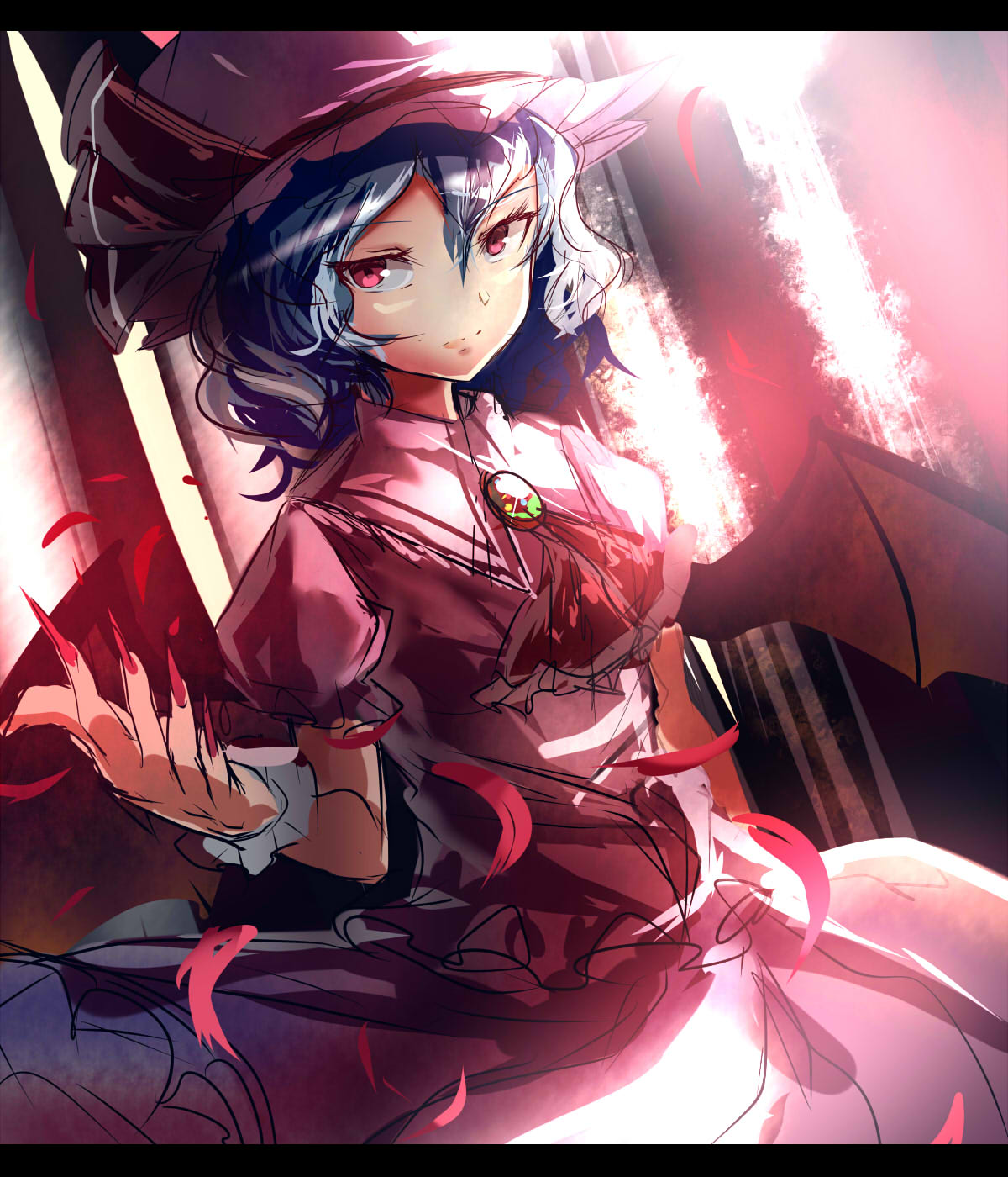 1girl, bat_wings, blue_hair, brooch, dress, fingernails, hat, highres