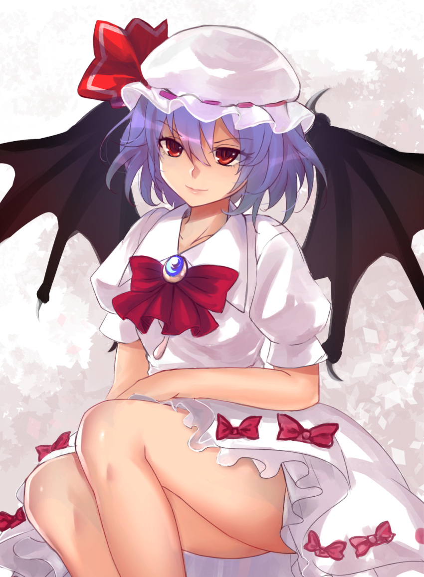 >:), 1girl, bangs, bat_wings, blue_hair, bow, bowtie, brooch