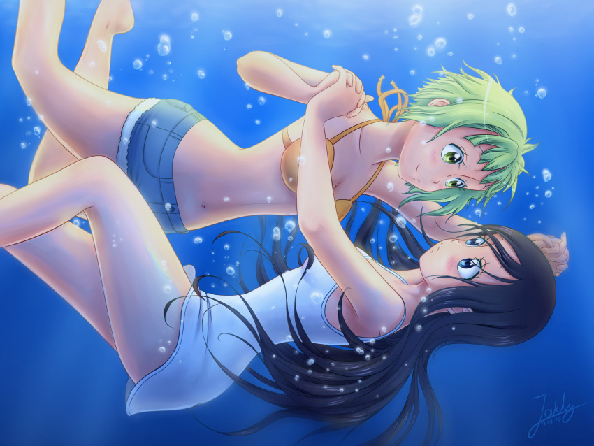 2girls, air_bubble, amanchu!, bare_arms, bare_shoulders, barefoot, bikini_top, black_hair