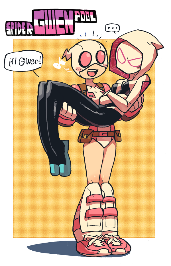..., 2girls, bodysuit, carrying, english, gwen_poole, gwen_stacy, gwenpool