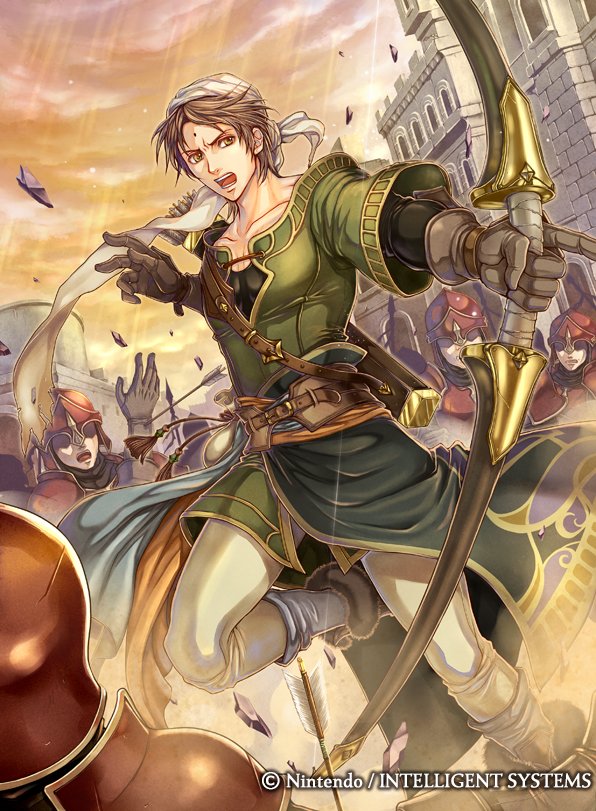 1boy, arrow, bandana, bow_(weapon), brown_hair, castle, company_name, faceless