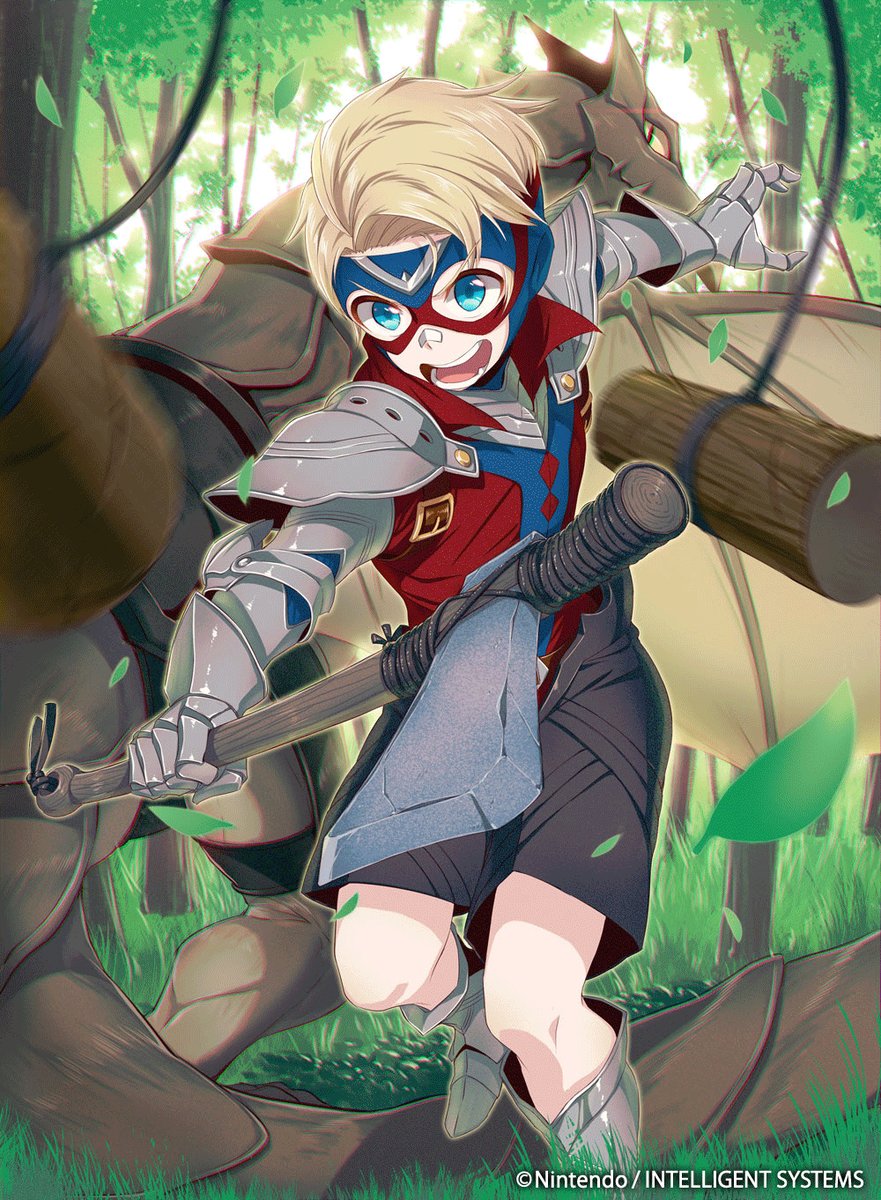 1boy, 40hara, axe, bandaid, blonde_hair, boots, company_name, dragon
