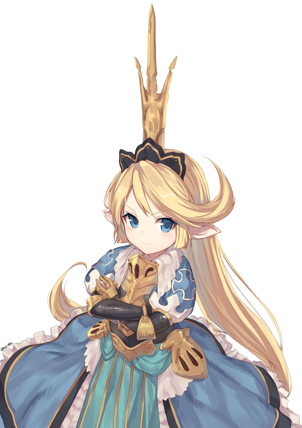 1girl, artist_name, ato_(haru_ato), blonde_hair, blue_eyes, charlotta_(granblue_fantasy), crossed_arms, crown