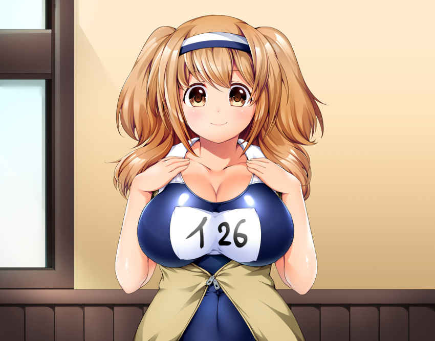 1girl, blush, breasts, brown_eyes, brown_hair, character_name, cleavage, closed_mouth, collarbone, eyebrows, eyebrows_visible_through_hair, hairband, i-26_(kantai_collection), kantai_collection, large_breasts, long_hair, looking_at_viewer, number, one-piece_swimsuit, ruri_rarako, smile, solo, standing, swimsuit, two_side_up, wainscoting, window
