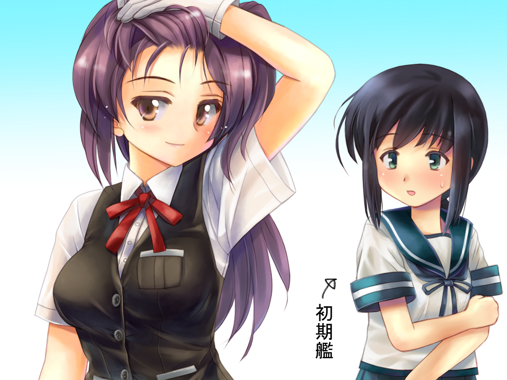 2girls, arm_up, black_hair, black_vest, blouse, blush, breasts, brown_eyes, buttons, closed_mouth, directional_arrow, eyebrows, eyebrows_visible_through_hair, fubuki_(kantai_collection), gloves, gradient, gradient_background, green_eyes, hagikaze_(kantai_collection), kantai_collection, light_smile, long_hair, looking_at_another, looking_to_the_side, low_ponytail, multiple_girls, neck_ribbon, nyaou_(round_facer), open_mouth, pleated_skirt, pocket, ponytail, purple_hair, red_ribbon, ribbon, school_uniform, serafuku, short_sleeves, side_ponytail, sidelocks, simple_background, skirt, sweatdrop, translated, upper_body, vest, white_blouse, white_gloves