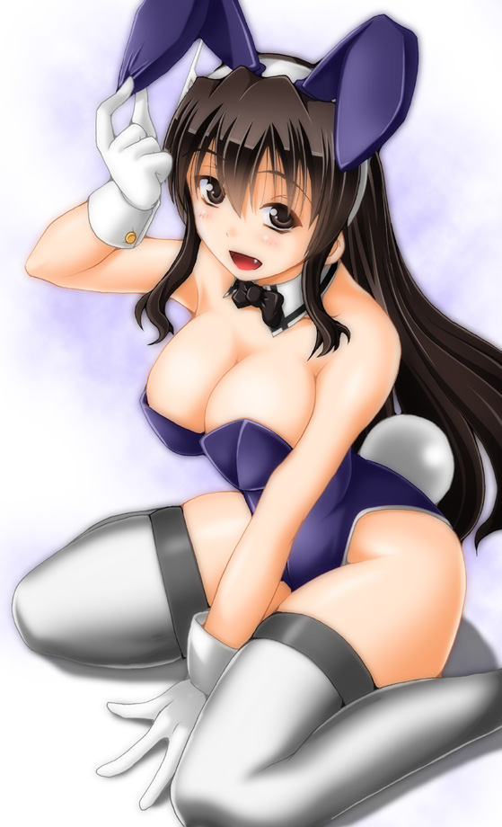 1girl, adapted_costume, animal_ears, ashigara_(kantai_collection), brown_eyes, brown_hair, bunny_girl, bunny_tail