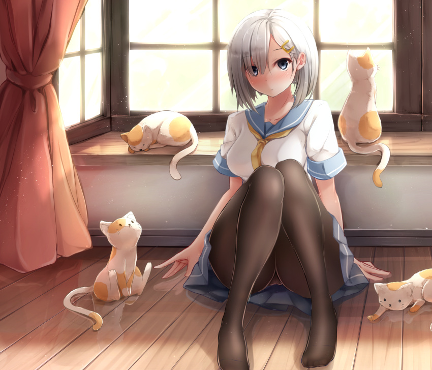 1girl, blue_eyes, breasts, cat, curtains, eyes_visible_through_hair, glowing, hair_ornament