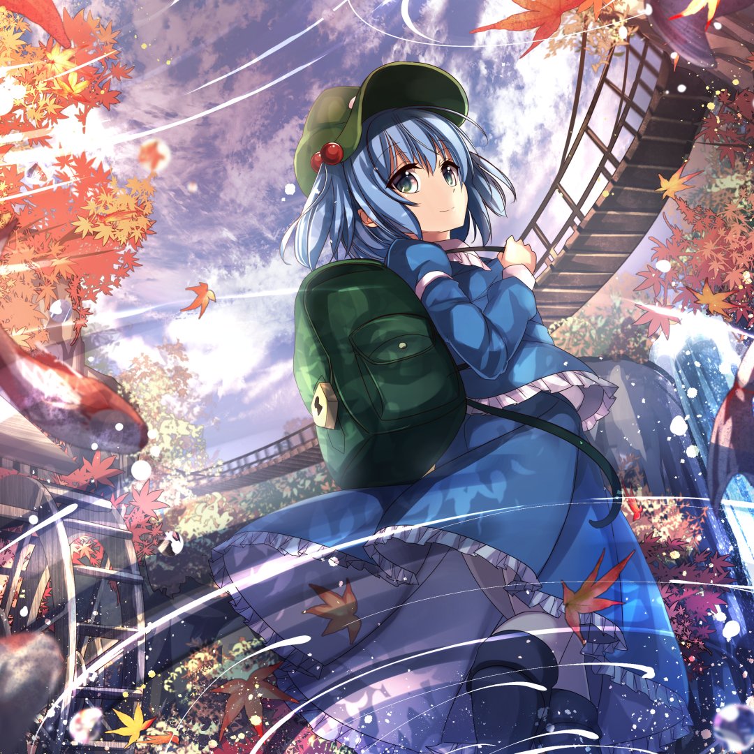 1girl, album_cover, architecture, autumn_leaves, backpack, bag, black_boots, blue_eyes