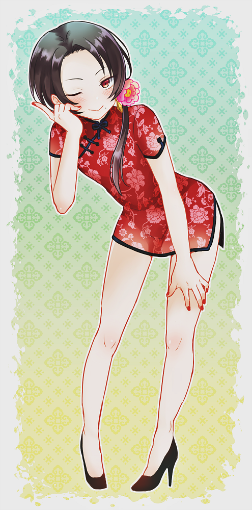 1boy, ;>, aina123, brown_hair, china_dress, chinese_clothes, crossdressinging, dress