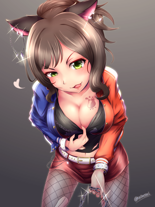 1girl, animal_ears, breasts, brown_hair, cat_ears, chain, cleavage, ear_piercing