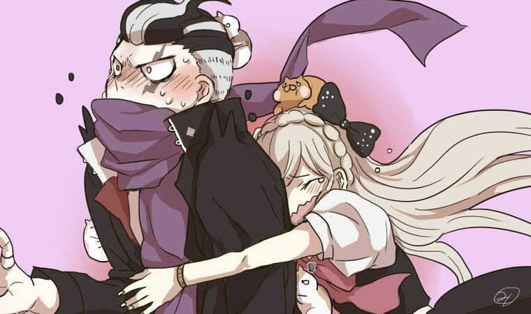 1boy, 1girl, black_hair, blonde_hair, blush, bow, bracelet, braid