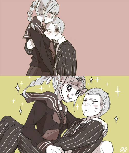 1boy, 1girl, blush, braid, dangan_ronpa, dennbadennba0105, glasses, hug