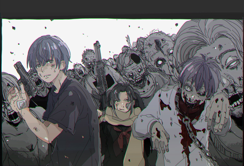 april_fools, blood, chain, commentary, gun, long_hair, official_art, short_hair