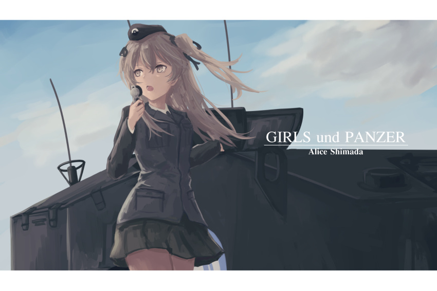 blonde_hair, centurion_(tank), clouds, garrison_cap, girls_und_panzer, ground_vehicle, hat, long_hair
