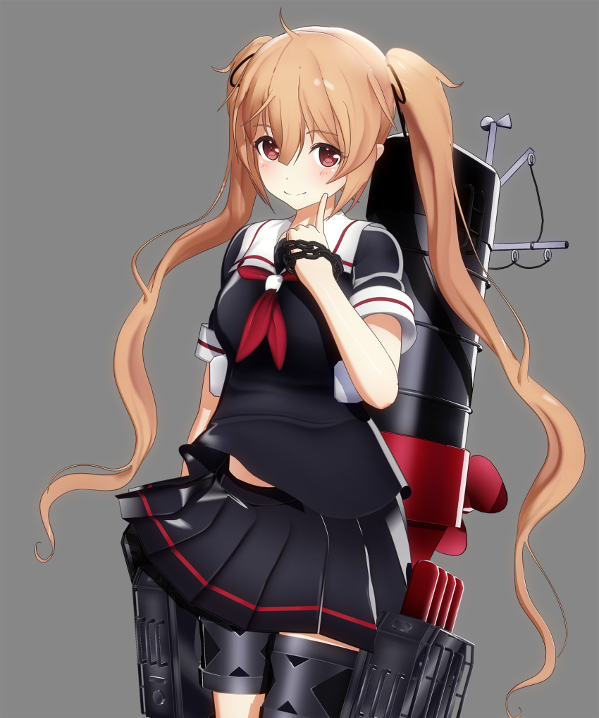 1girl, black_shirt, black_skirt, blonde_hair, brown_eyes, chain, eyebrows, eyebrows_visible_through_hair