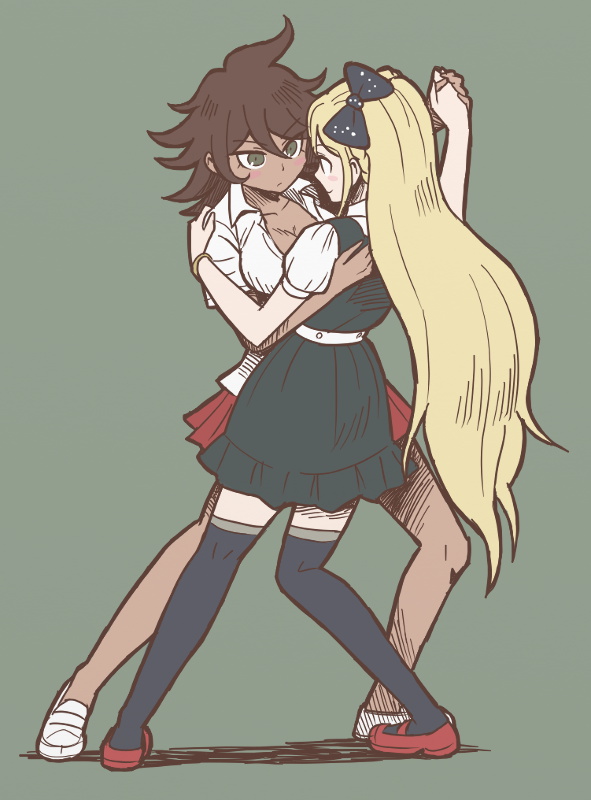 2girls, blonde_hair, blush, bow, brown_hair, dancing, dangan_ronpa, dark_skin, hair_bow, loafers, long_hair, multiple_girls, namu_(nurui_cha), no_socks, owari_akane, shoes, smile, sonia_nevermind, super_dangan_ronpa_2