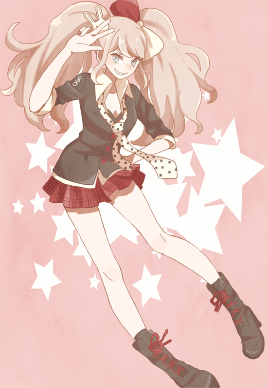 1girl, blonde_hair, blue_eyes, boots, dangan_ronpa, dangan_ronpa_1, hair_ornament, ikusaba_mukuro