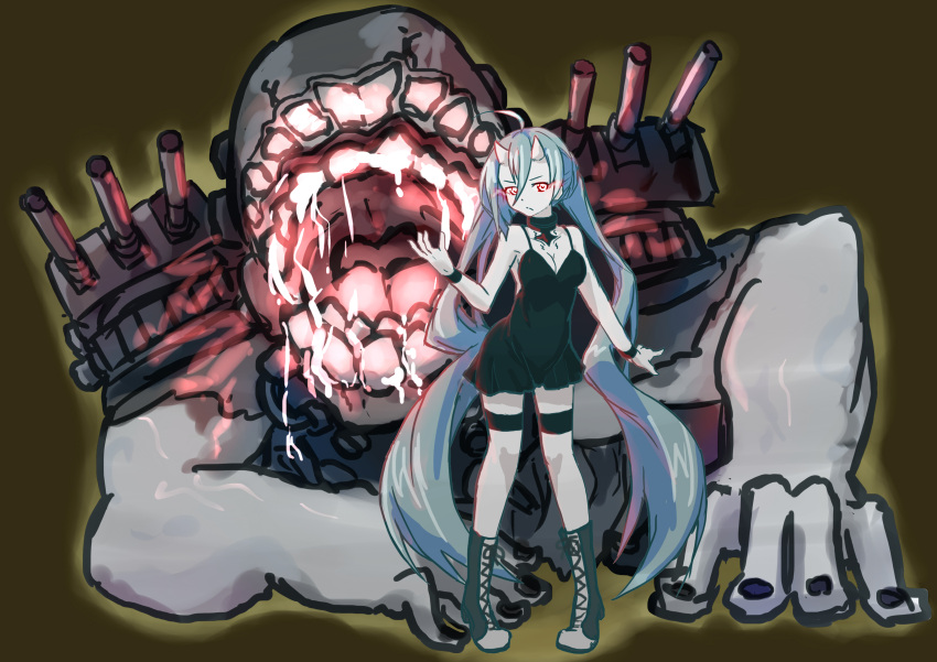 1girl, absurdres, alternate_breast_size, alternate_costume, artist_request, battleship_hime, battleship_hime_(cosplay), black_dress
