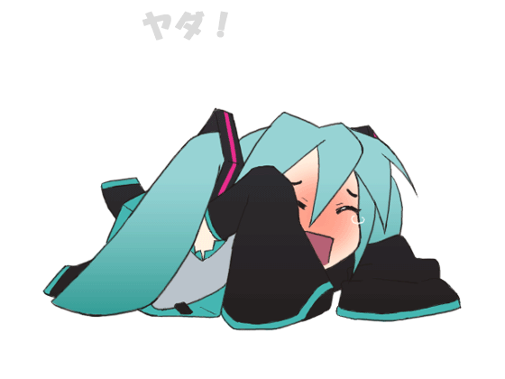 animated, animated_gif, aqua_hair, chibi, closed_eyes, detached_sleeves, gif, hatsune_miku, long_hair, long_sleeves, mameshiba, solo, tantrum, tears, thighhighs, translated, twintails, vocaloid
