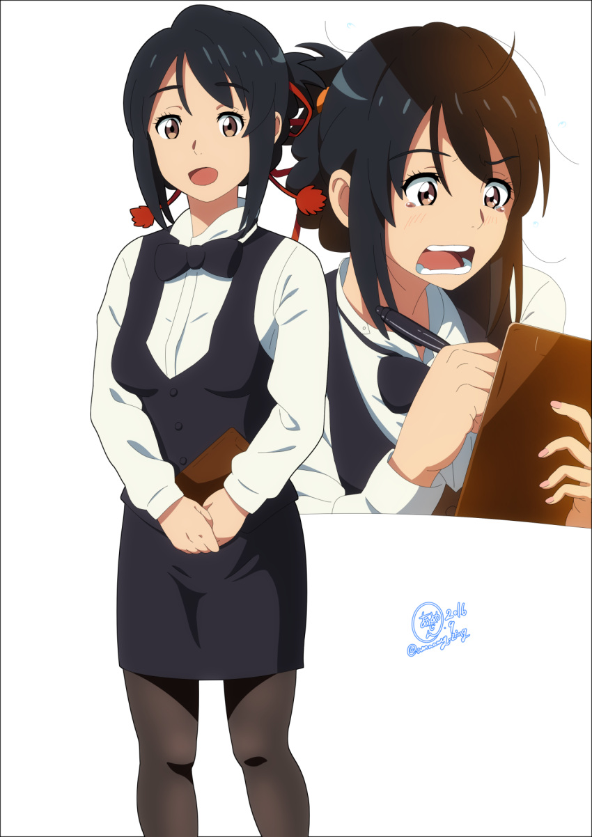 1girl, anime_coloring, black_hair, border, bow, bowtie, brown_eyes, dated, flying_sweatdrops, hair_ribbon, highres, k.ty_(amejin), kimi_no_na_wa, miyamizu_mitsuha, official_style, open_mouth, pantyhose, pen, ribbon, short_hair, signature, simple_background, solo, tears, twitter_username, white_background, writing