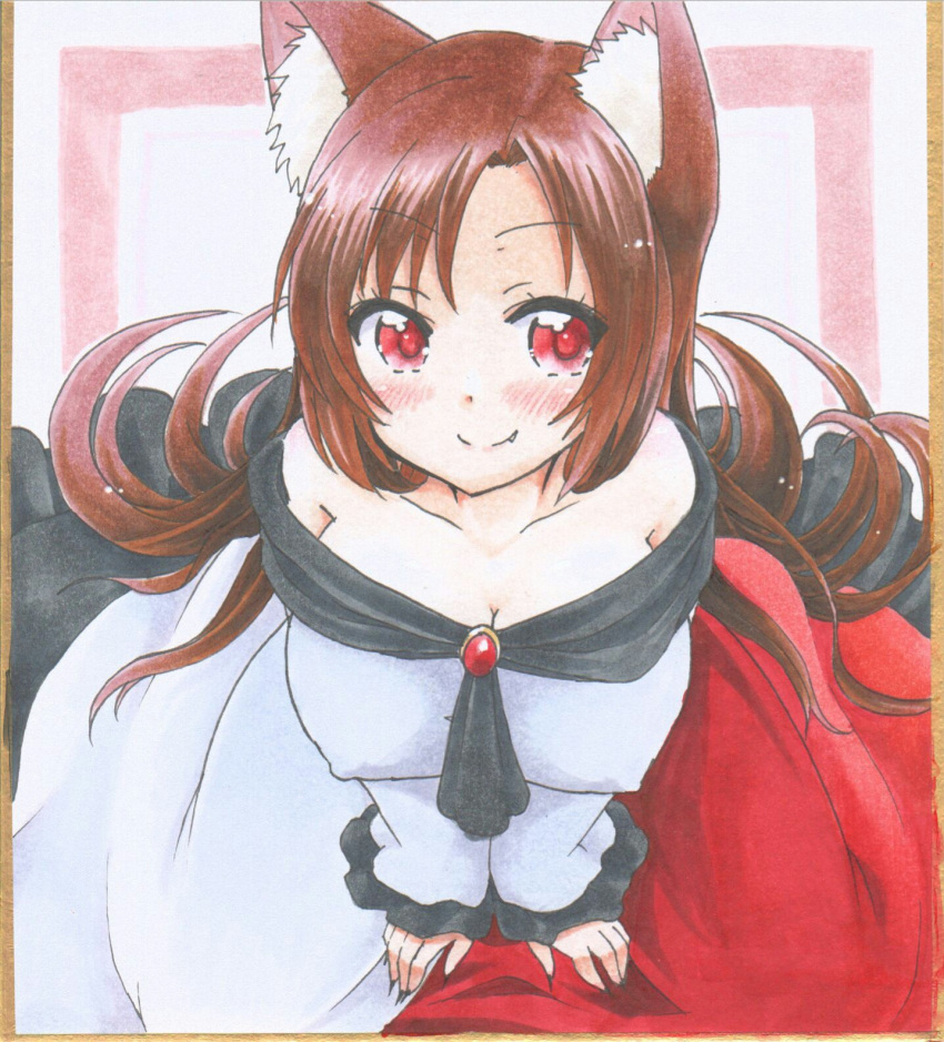 animal_ears, breasts, brooch, brown_hair, cleavage, covered_nipples, dress, fang