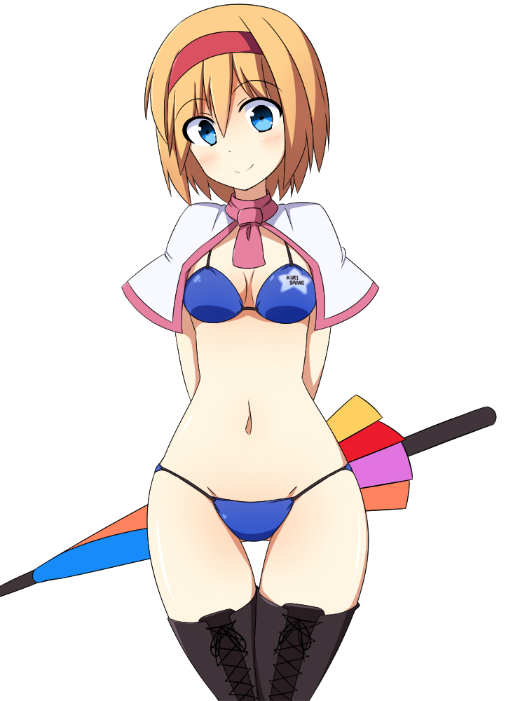 1girl, alice_margatroid, bikini, blonde_hair, blue_bikini, blue_eyes, blush, boots