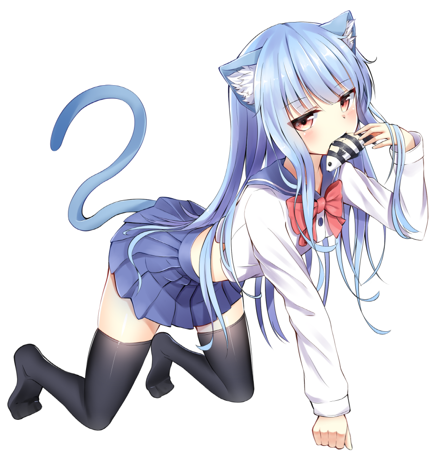 1girl, animal_ears, bangs, black_legwear, blue_hair, bow, bowtie, cat_ears