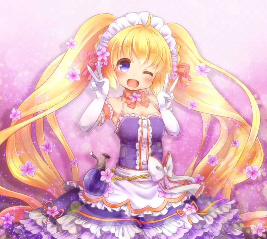 blonde_hair, blush, double_v, dress, flower, flower_knight_girl, gloves, heliotrope_(flower_knight_girl)